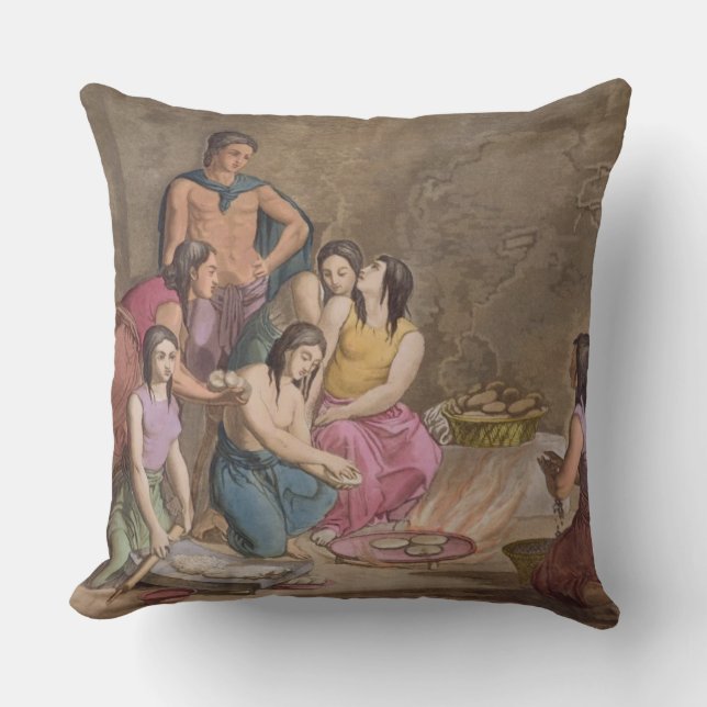 Coussin Femmes aztèques faisant le pain de maïs, Mexique, (Recto)