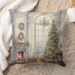 Coussin Fenêtre de la cheminée de Noël bleu