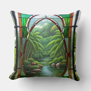 Coussin Fenêtre de verre coloré scène de la nature