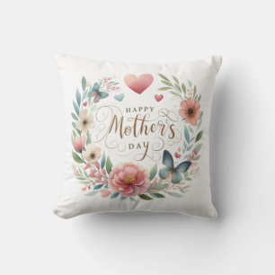 Coussin Fer de fleurs avec un papillon Joyeuse fête des mè