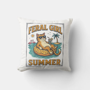 Coussin Feral Girl Summer Cat Float Vintage Shirt Design_1