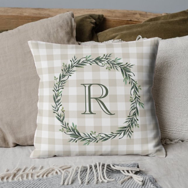 Coussin Ferme Buffalo Beige Plaid Wreath Monogramme (Créateur téléchargé)