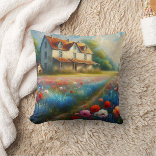 Coussin Ferme dans un champ de fleurs