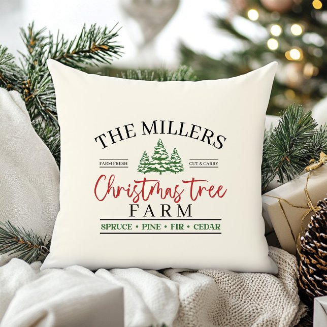 Coussin Ferme de Noël (Christmas Tree Farm Throw Pillow with Custom Family Name)