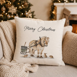 Coussin Ferme de Noël Cheval Animaux Hiver
