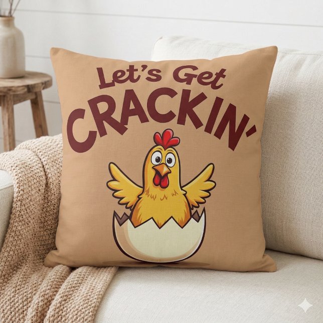 Coussin Ferme de poulets drôles : « Craquons les œufs » (Let’s Get Crackin’ Funny Chicken Farm Pun Throw Pillow Mockup A)