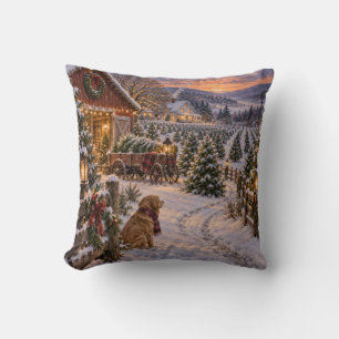 Coussin Ferme de Sapins de Noël au Coucher de Soleil Hiver