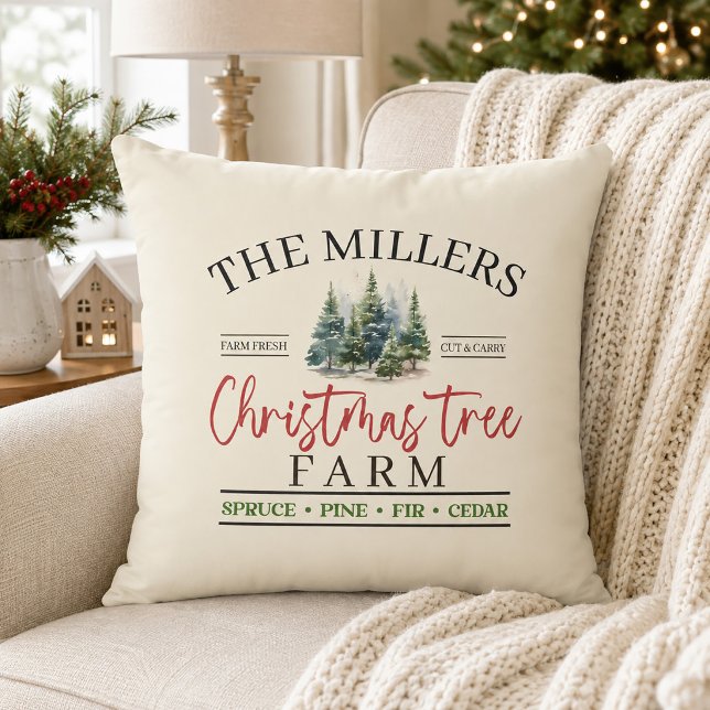 Coussin Ferme de sapins de Noël au nom de famille à l'aqua (Watercolor Family Name Christmas Tree Farm Throw Pillow)