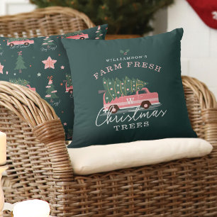 Coussin Ferme familiale de Noël frais Arbres de Noël rose
