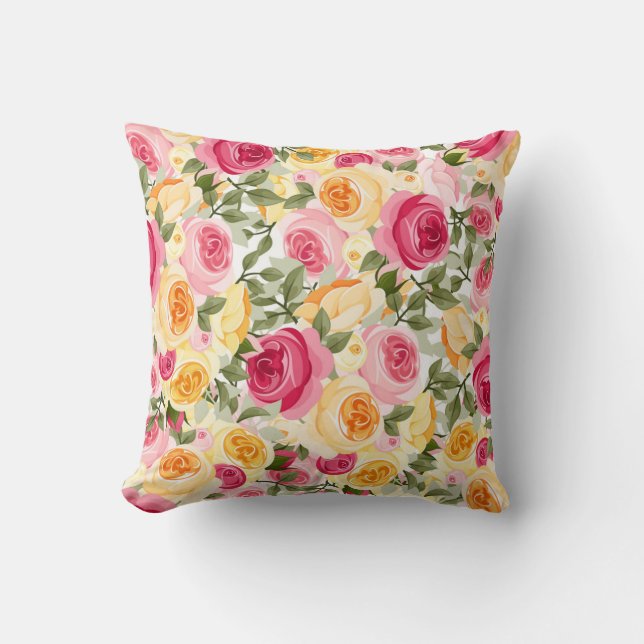 Coussin Ferme Fleurs Roses Roses Et Jaunes Shabby Chic (Recto)
