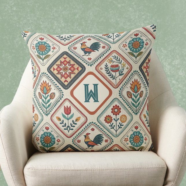 Coussin Ferme Folk Sage Vert et Orange Monogramme  (Créateur téléchargé)