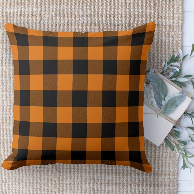 Coussin Ferme moderne Orange & Buffalo noir Plaid (Modern farmhouse throw pillow orange and black buffalo plaid couch pillow )