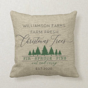 Coussin Ferme rustique Arbres de Noël frais Nom de famille