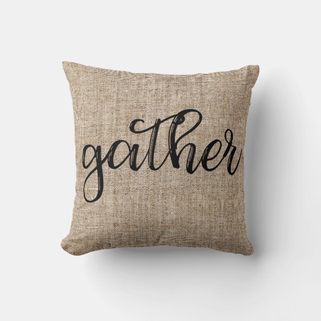 Coussin Ferme Rustique Marron Sac Toile de Jute GATHER (Recto)