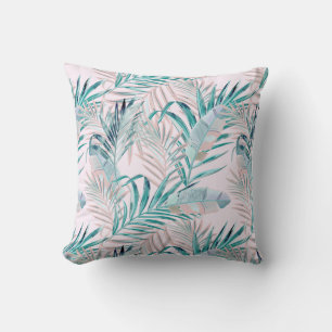 Coussin Fermes et plumes tropicales roses et Turquoises