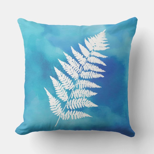 Coussin Fern Frond, Blanc sur bleu Arrière - plan Aquarell (Recto)