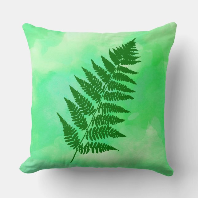 Coussin Fern Frond, Vert sur un Arrière - plan aquarelle (Recto)