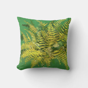 Coussin Ferne, frondes, fleuris, vert jaune doré vert