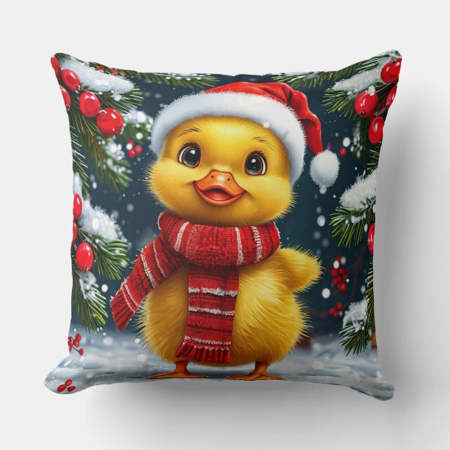 Coussin Festif canard jaune à Santa Hat (Recto)