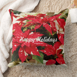 Coussin Festif Floral Rouge Blanc Poinsettias Feuilles