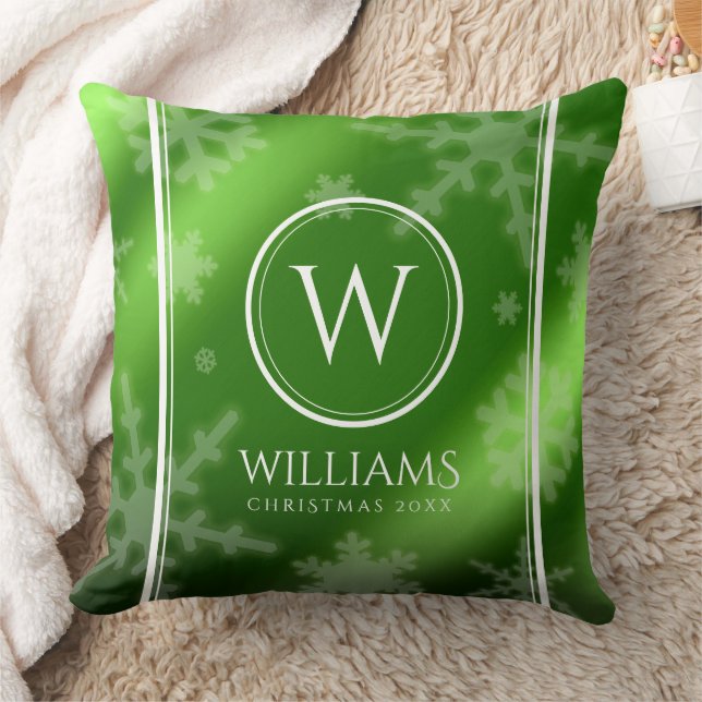 Coussin Festif Green Foil Snowflakes Nom du monogramme (Couverture)