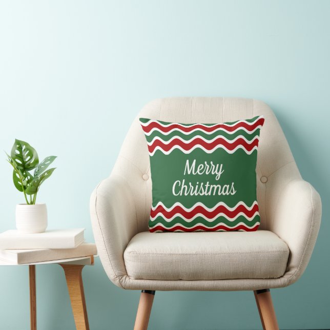 Coussin Festif Joyeux Noël Vert Rouge rayures (Chaise)