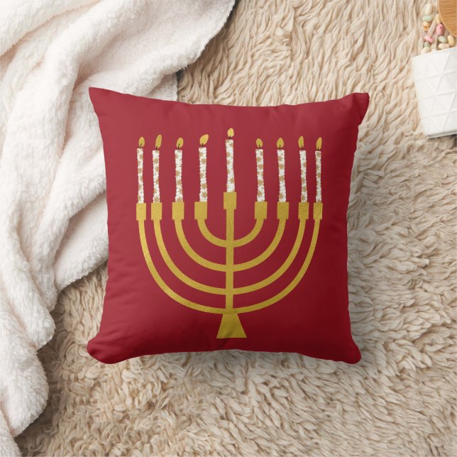 Coussin Festif Menorah Hanoukka Céleste bougies Rouge (Couverture)
