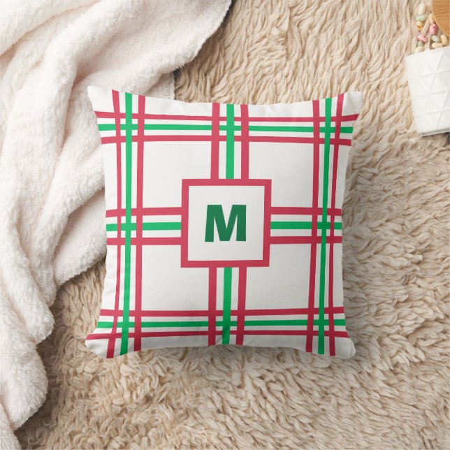 Coussin Festif Monogramme moderne Rouge Vert Plaid Vacance (Couverture)