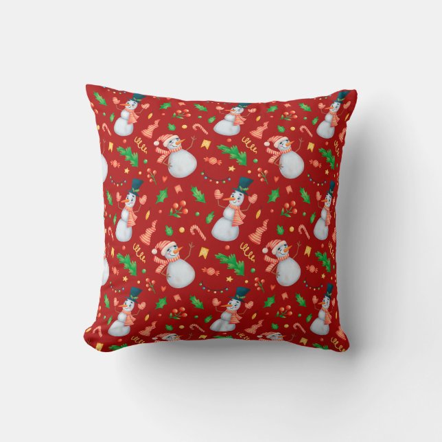 Coussin Festif Noël Snowman Rouge (Recto)
