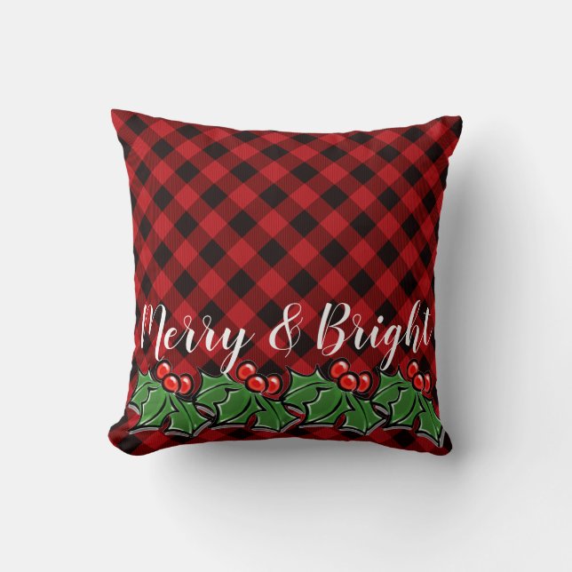Coussin Festif rouge noir plaid sainte feuille baies (Recto)