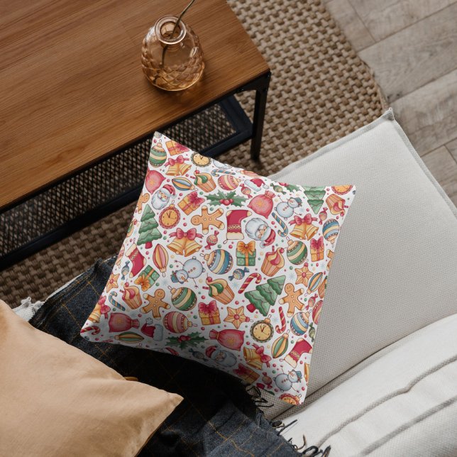 Coussin Festif traditionnel motif d'aquarelle Xmas Père No (Merry Christmas and happy new year Santa ho ho ho)