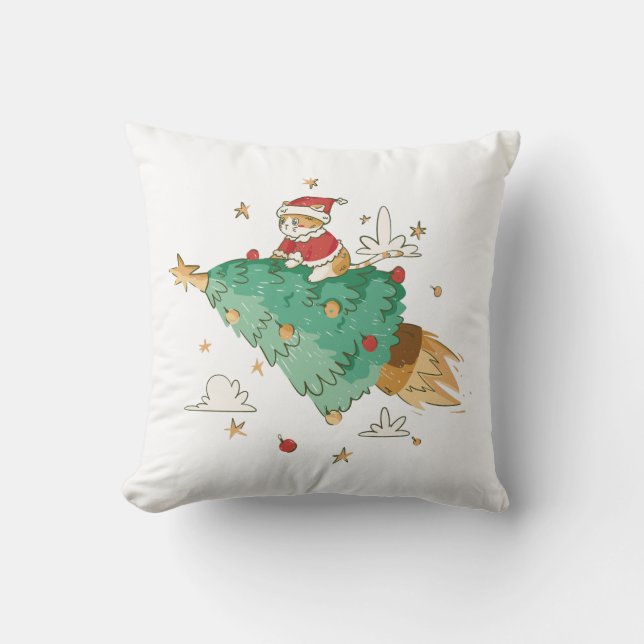 Coussin Festif volant Arbre de Noël Père Noël Chat (Recto)