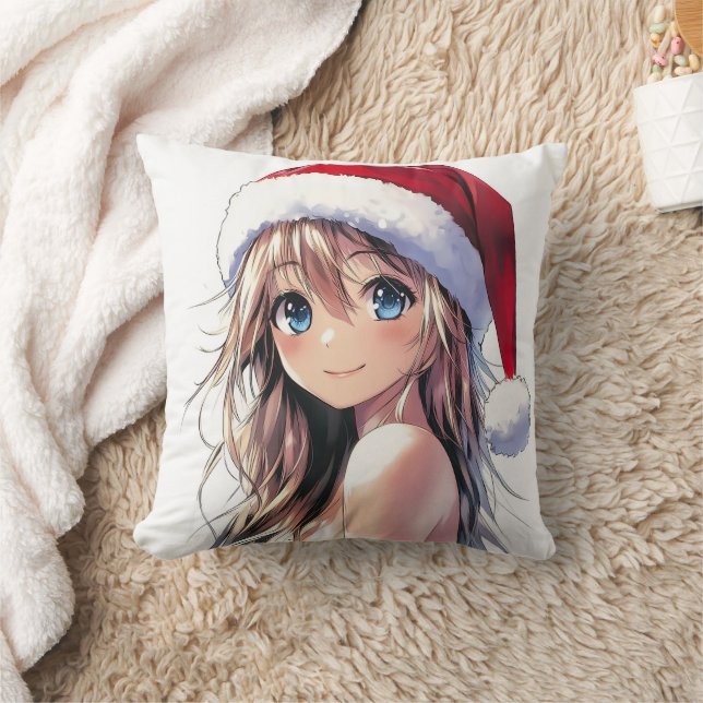 Coussin Festive Anime Girl Santa Hat avec yeux bleu clair (Couverture)