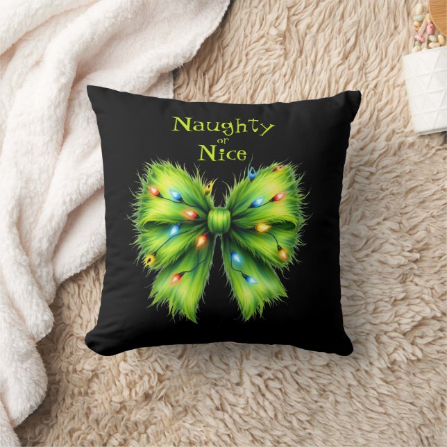 Coussin Festive Green Furry Bow-Lights Naughty ou Nice (Couverture)