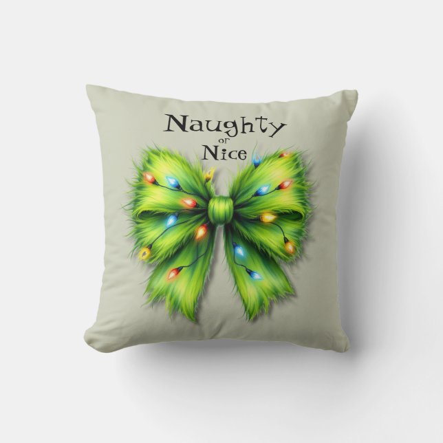 Coussin Festive Green Furry Bow-Lights Naughty ou Nice (Recto)