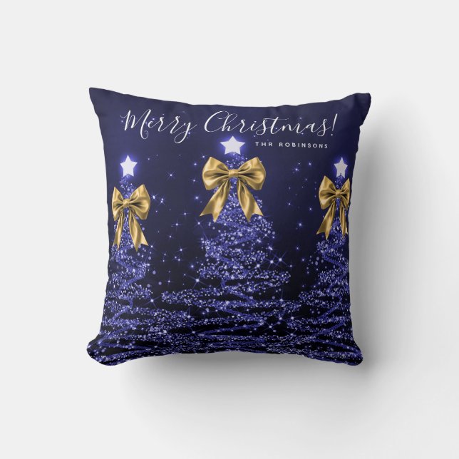 Coussin Festive Holiday Navy Christmas Trees Name Gold  (Recto)
