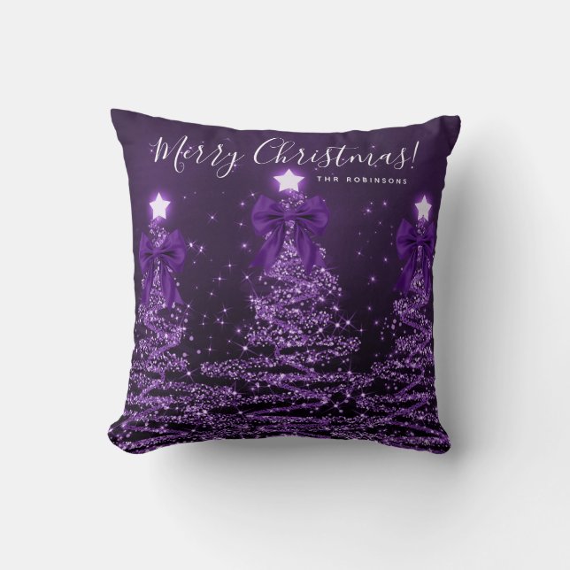 Coussin Festive Holiday Purple Christmas Trees Name  (Recto)