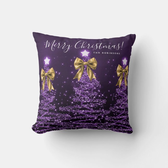 Coussin Festive Holiday Purple Christmas Trees Name Gold  (Recto)