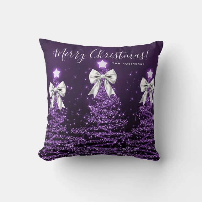 Coussin Festive Holiday Purple Christmas Trees Name Silver (Recto)
