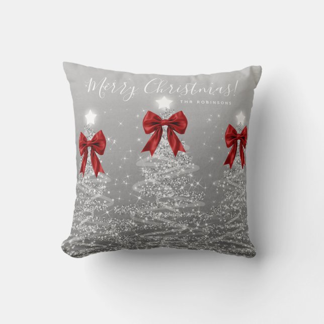 Coussin Festive Holiday Silver Christmas Trees Red Name (Recto)
