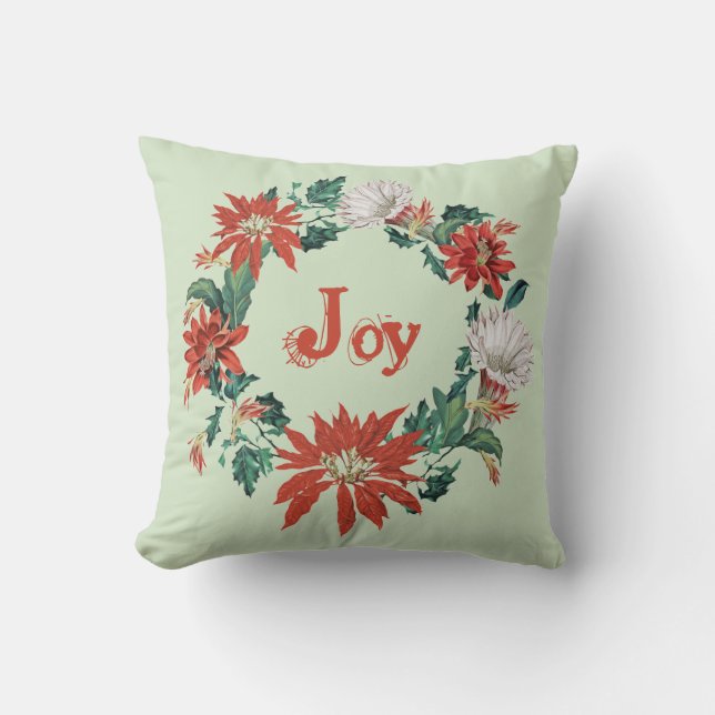 Coussin Festive Red Christmas Joy Floral Wreath sur Sage (Recto)