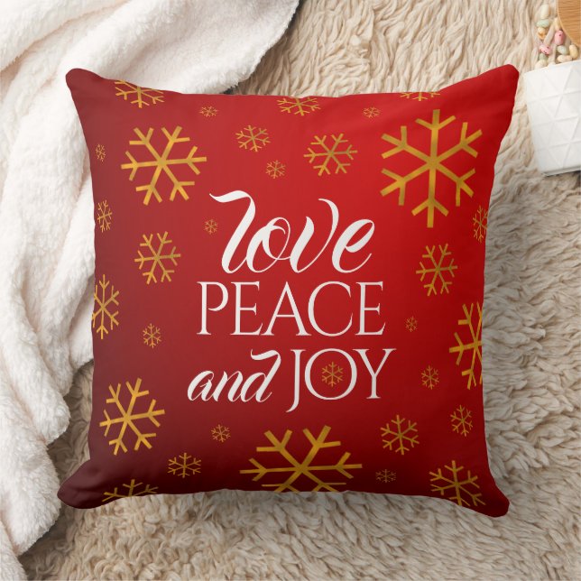 Coussin Festive Red Love, Peace and Joy with Snowflakes (Couverture)