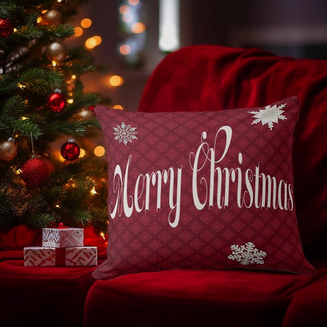 Coussin Festive Rouge Joyeux Noël Embellisté (Festive Merry Christmas Embellished Font Script Decorative Pillow)