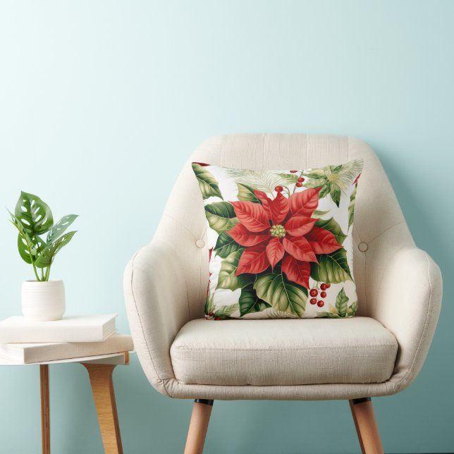 Coussin Festive Rouge Poinsettia Holly Berries Noël (Chaise)