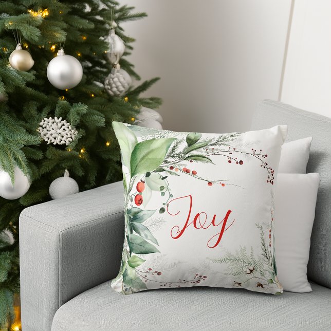 Coussin Festive Watercolor Greenery Christmas Joy (Festive Watercolor Greenery Christmas Joy Throw Pillow)