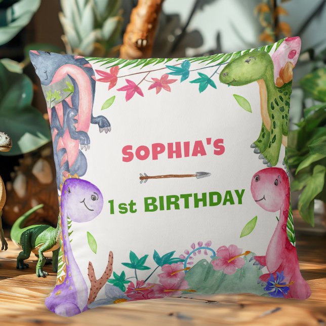 Coussin Fête d'anniversaire 1 an dinosaure fille mignonne (Créateur téléchargé)