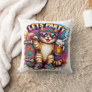 Coussin Fête de chats avec skateboard et boire