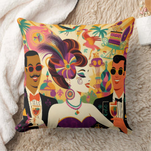 Coussin Fête de cocktail rétro milieu du siècle Mardi Gras