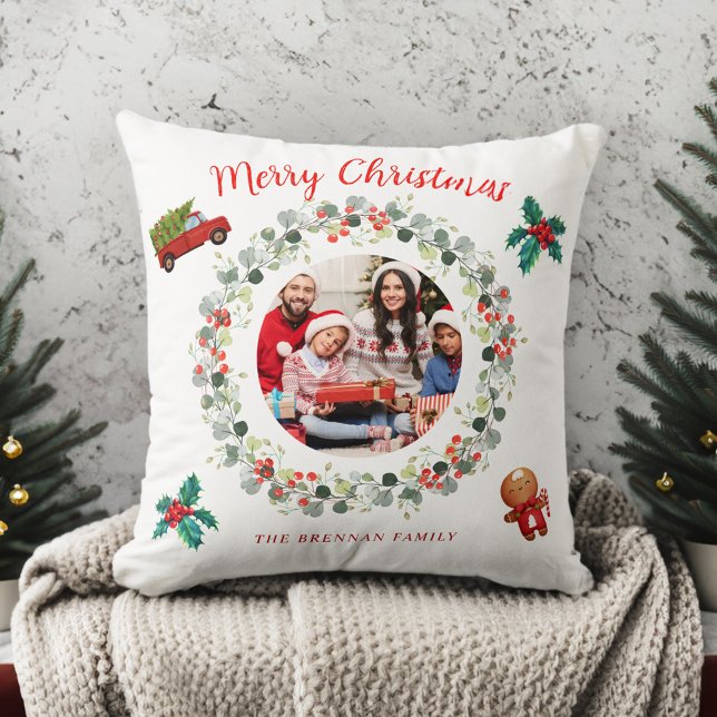 Coussin Fête de la couronne de Noël (Christmas Photo Holiday Wreath Festive Throw Pillow)