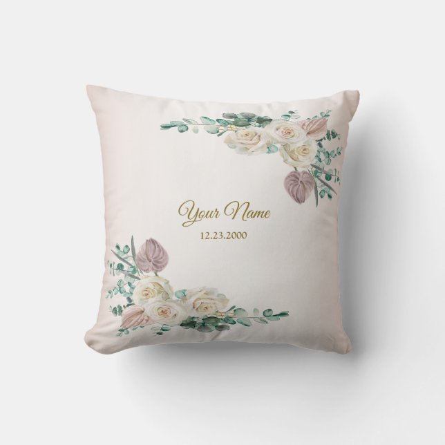 Coussin Fête de mariage rose poudrée aquarelle dorée (Recto)